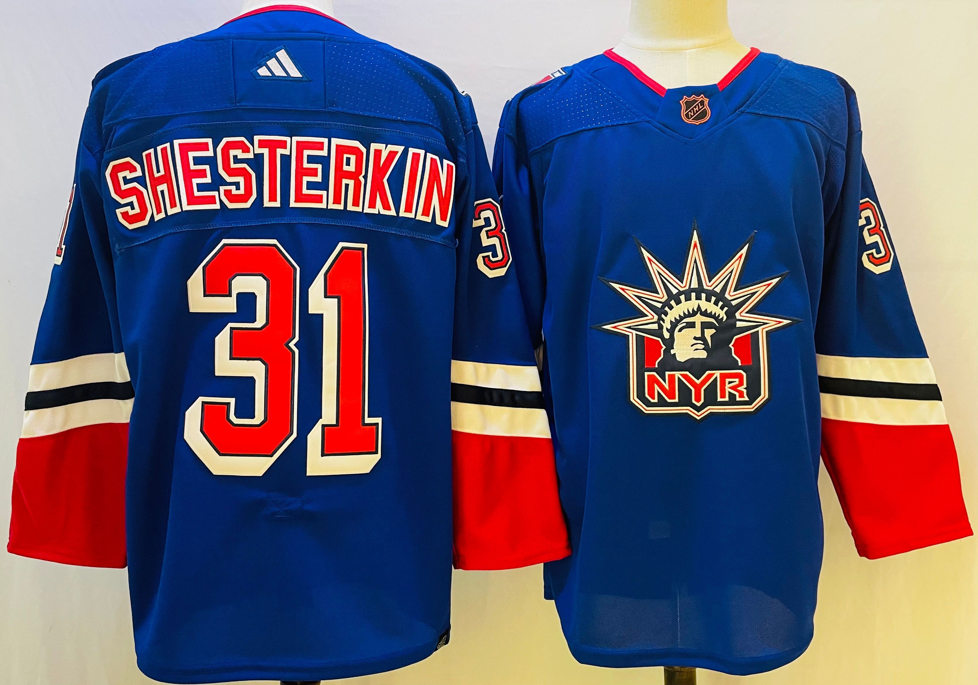 Men New York Rangers 31 Shesterkin Blue Throwback 2022 Adidas NHL Jerseys